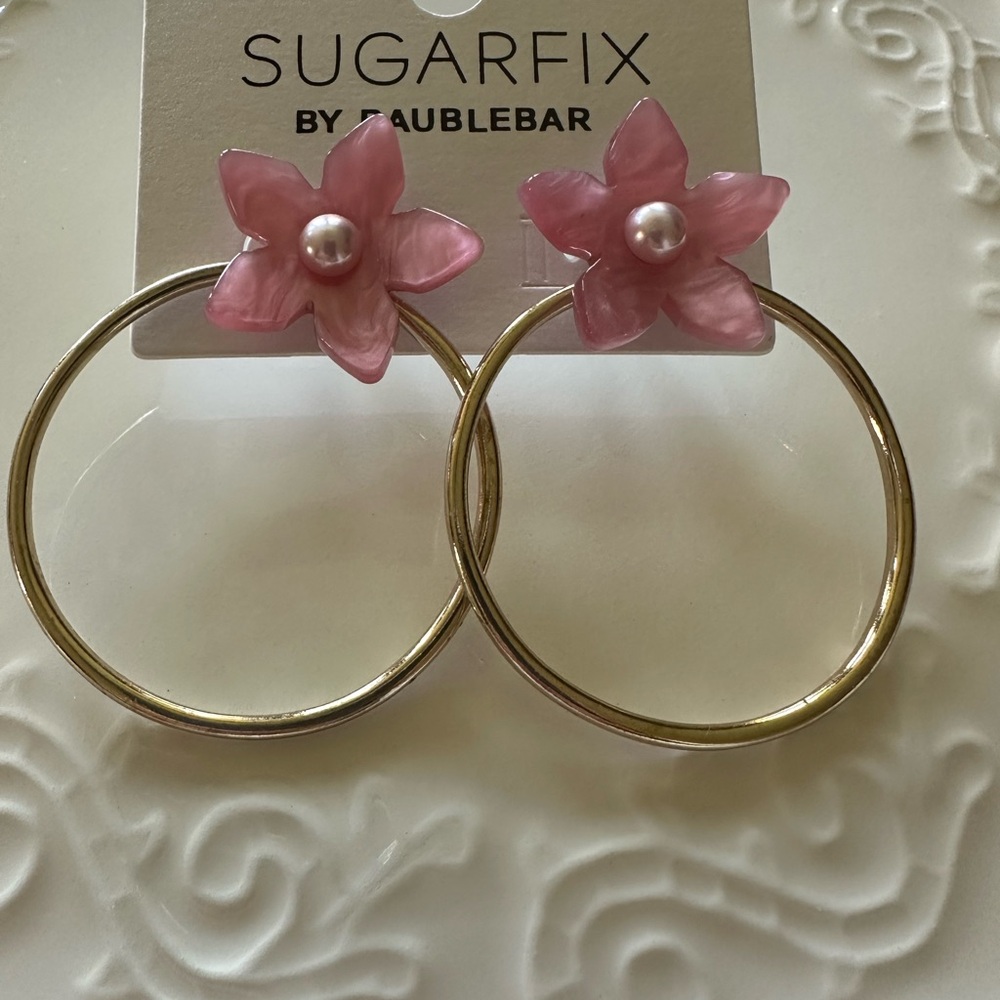 BaubleBar Pink and Gold Floral Hoop Earrings